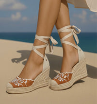 Oporto wedges, faux leather, 3cm and 7cm wedge, embroidered raffia, 3 colors, made in Spain (video)