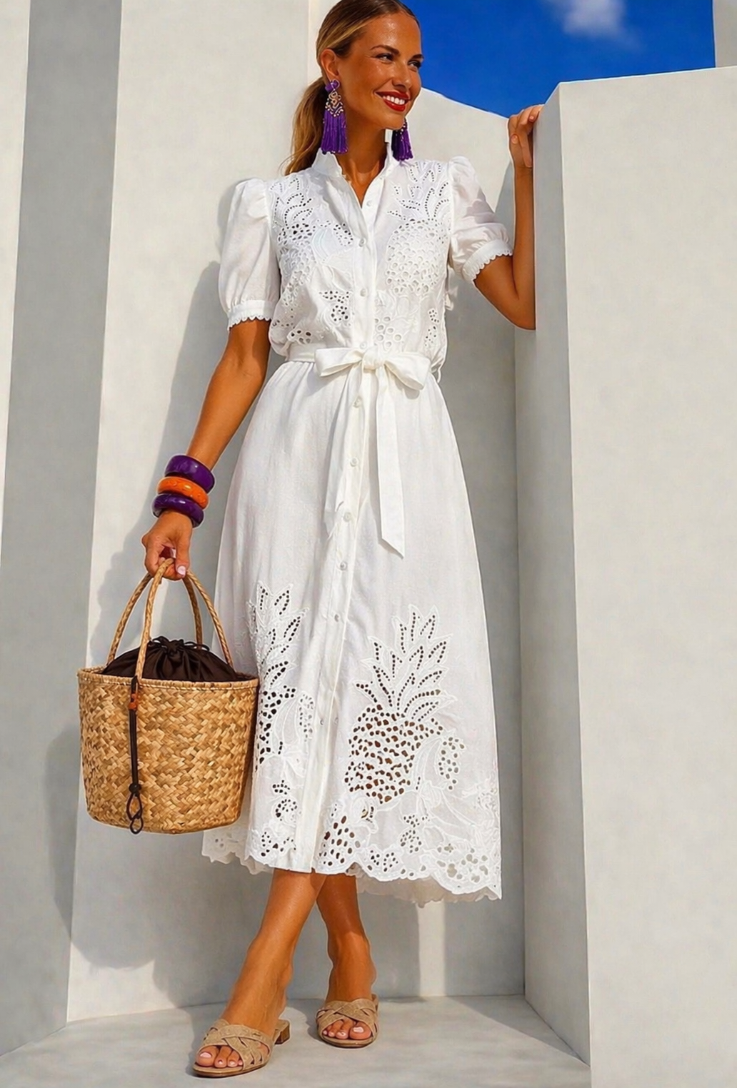 Mafalda shirt dress, embroidered cotton with sash, sizes (36-48)
