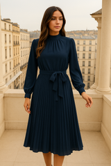 Vestido Grace plisado con fajín, 9 colores tallas (36-50) made in Portugal, alta calidad de tejido con forro interior