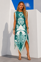 Vestido Oporto MIDI estampado flecos, tallas (34- 46) vídeo