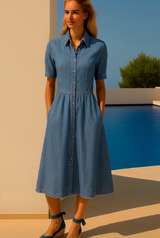 Vestido Denis Denim camisero vaquero licra bolsillos, tallas (36-50)(vídeo)