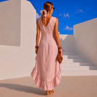 Vestido Costa cuello pico lino de algodón, 5 colores, tallas (34-50) video