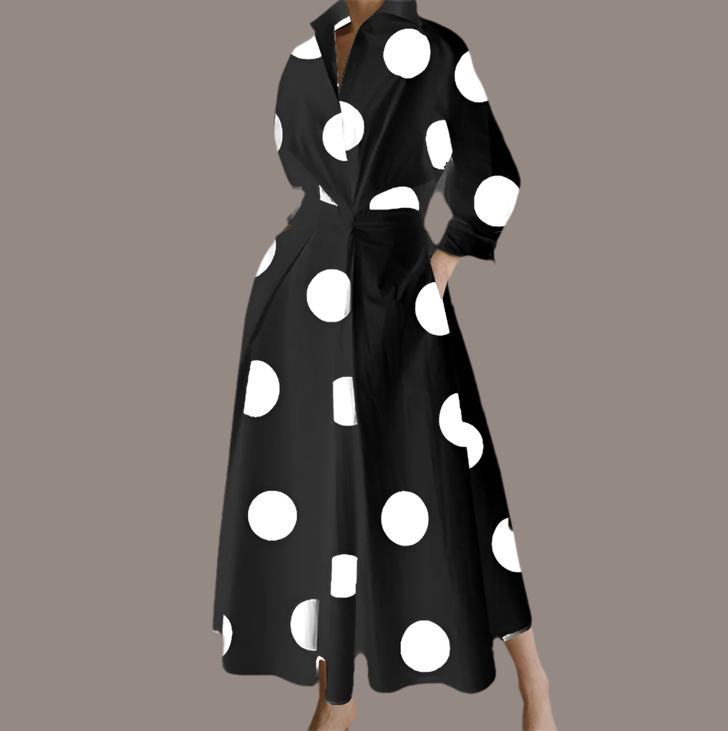 Loren Polka Dot Dress, cotton lycra with pockets and sash, 4 colors, 6 sizes from 36 to 46