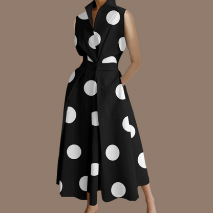 RONDA cotton lycra polka dot dress without sleeves and 2 pockets, 3 colors and 6 sizes