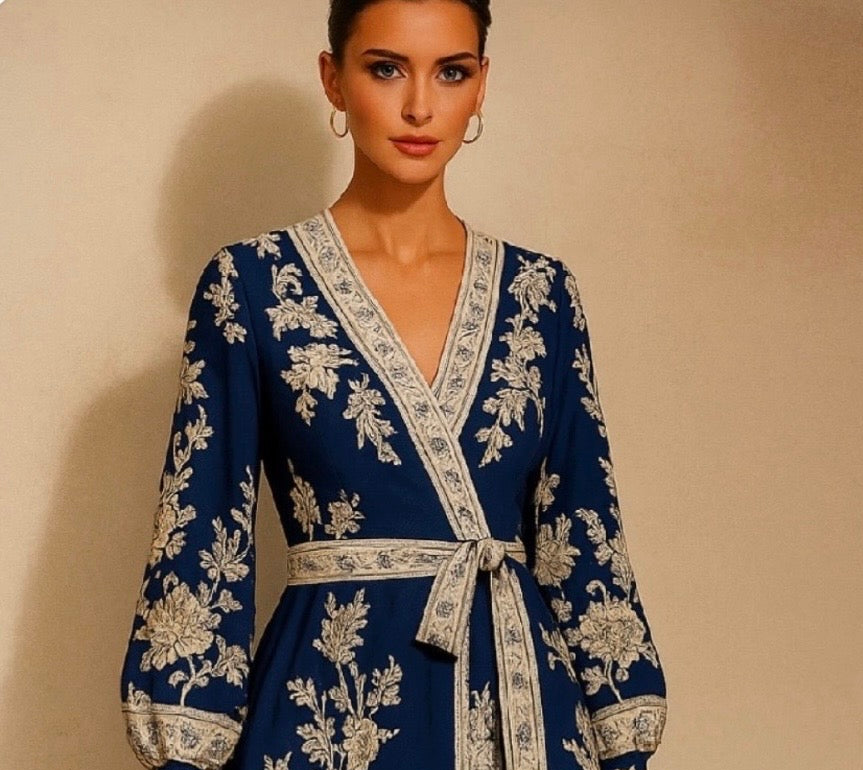 Marrakech cotton wrap dress with sash, 2 colors, sizes (36-48)