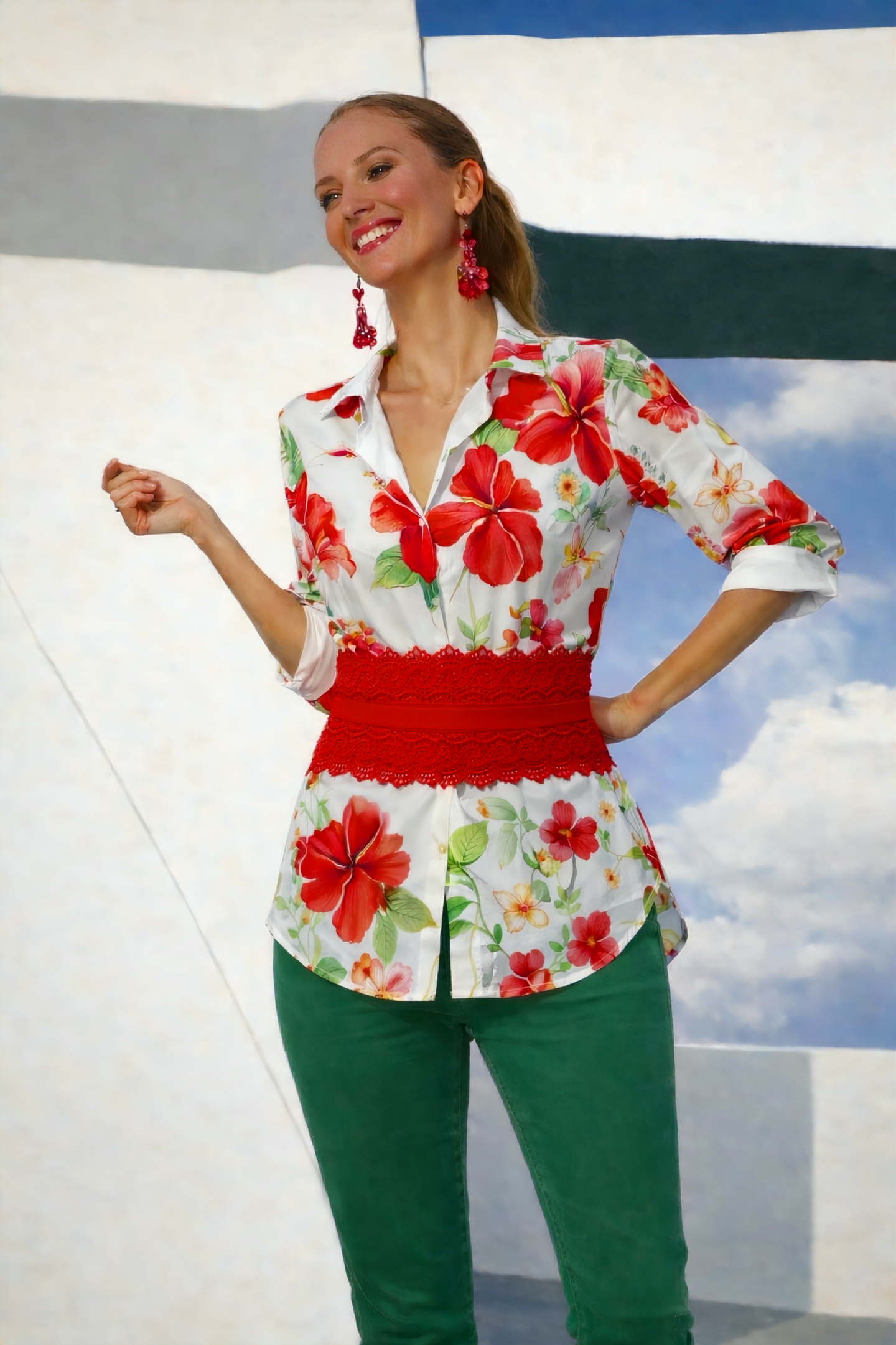 Anita cotton shirt, sash included, 2 prints, sizes (36-50)