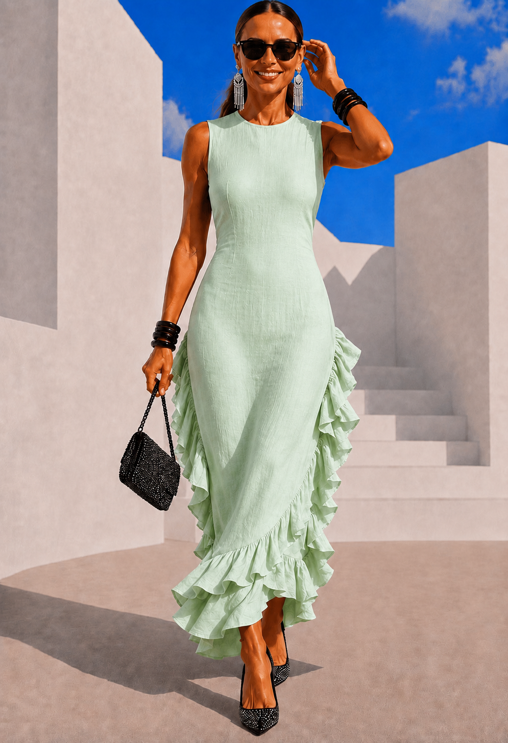 Hello ruffles linen viscose dress, 3 colors, sizes (34-48) video