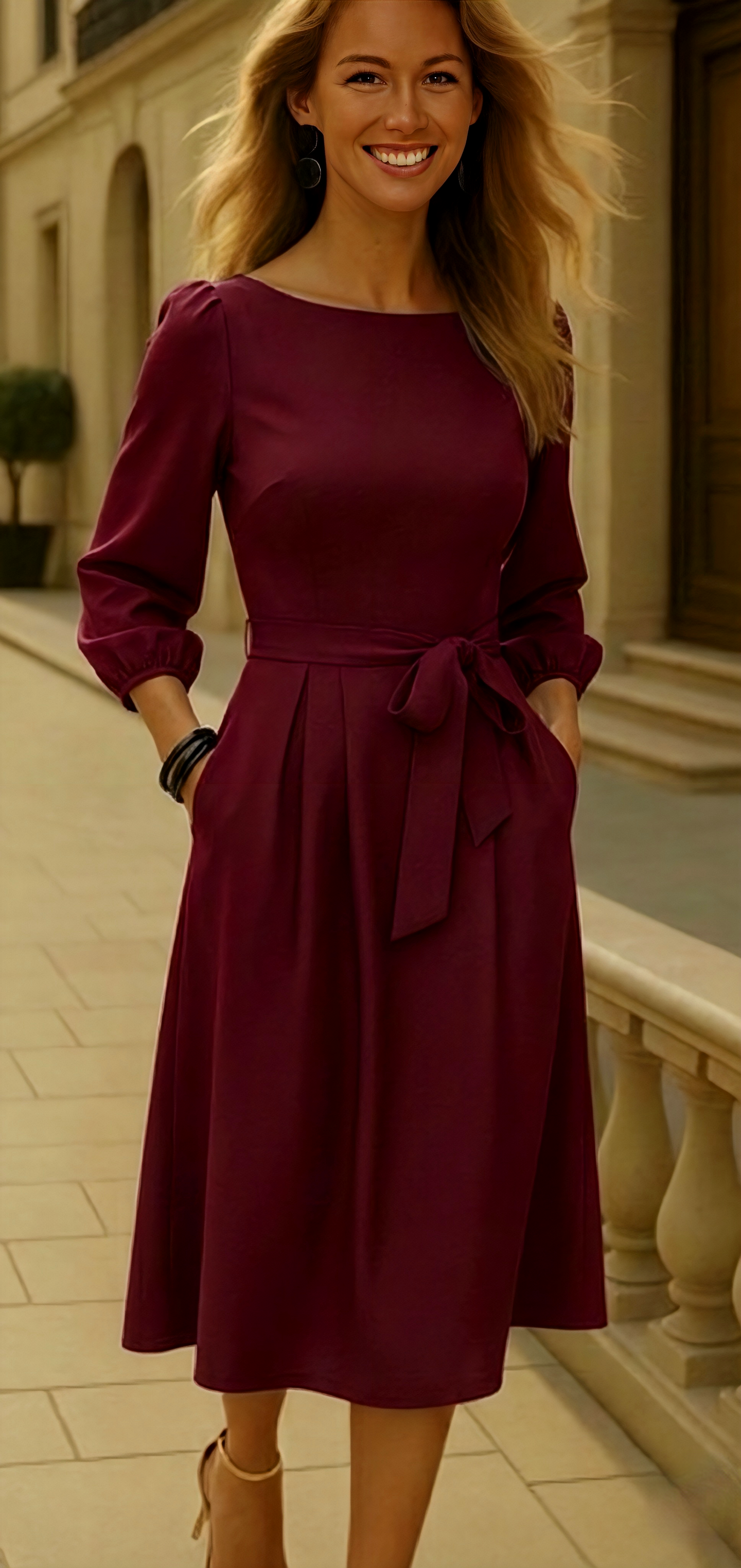 Vestido Marble de algodón con fajín, 4 colores, tallas (36-50)