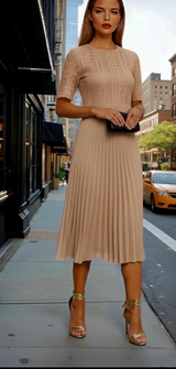 Christian embroidered knit dress made of stretch cotton lycra and pleated, 3 colors, sizes (36-48)