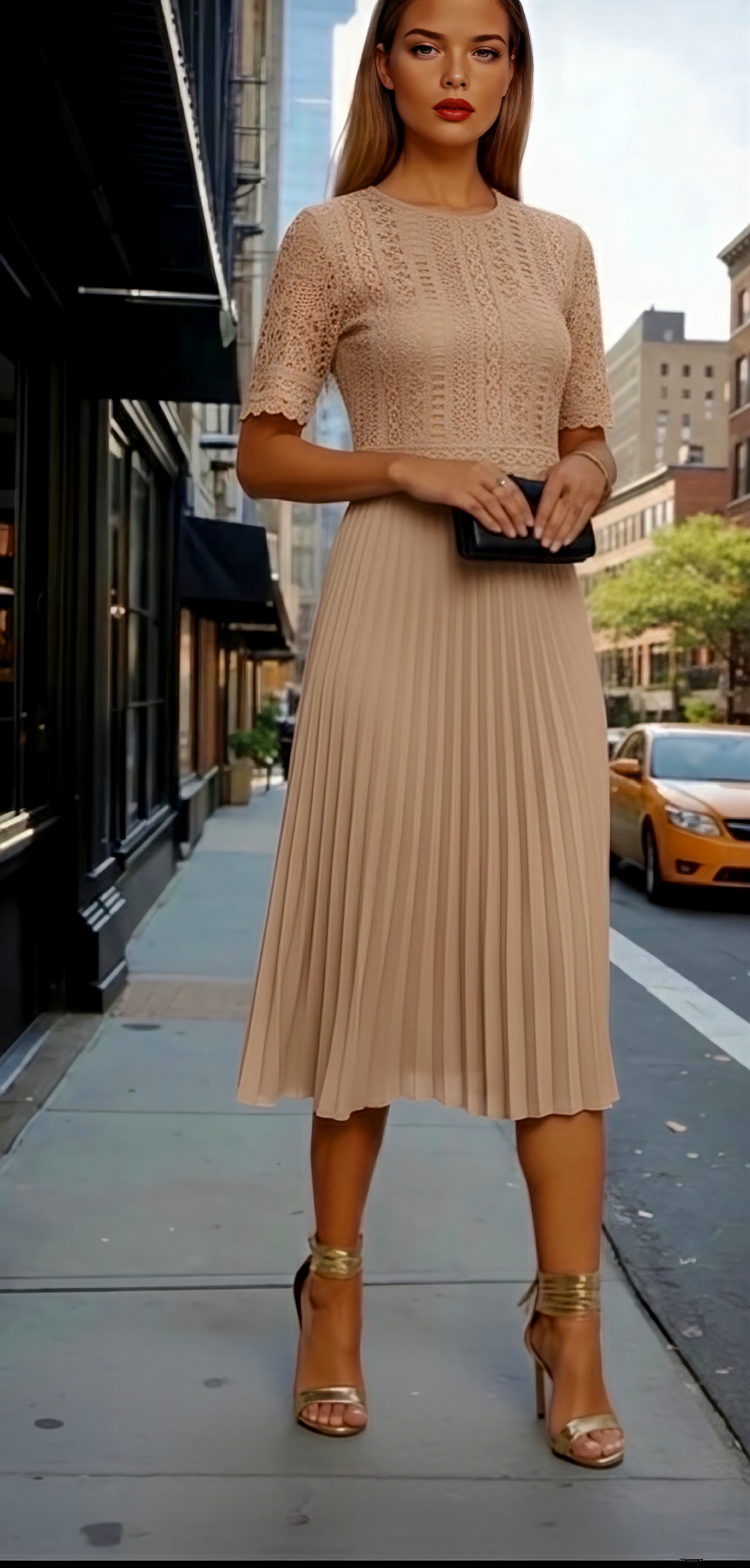 Christian embroidered knit dress made of stretch cotton lycra and pleated, 3 colors, sizes (36-48)