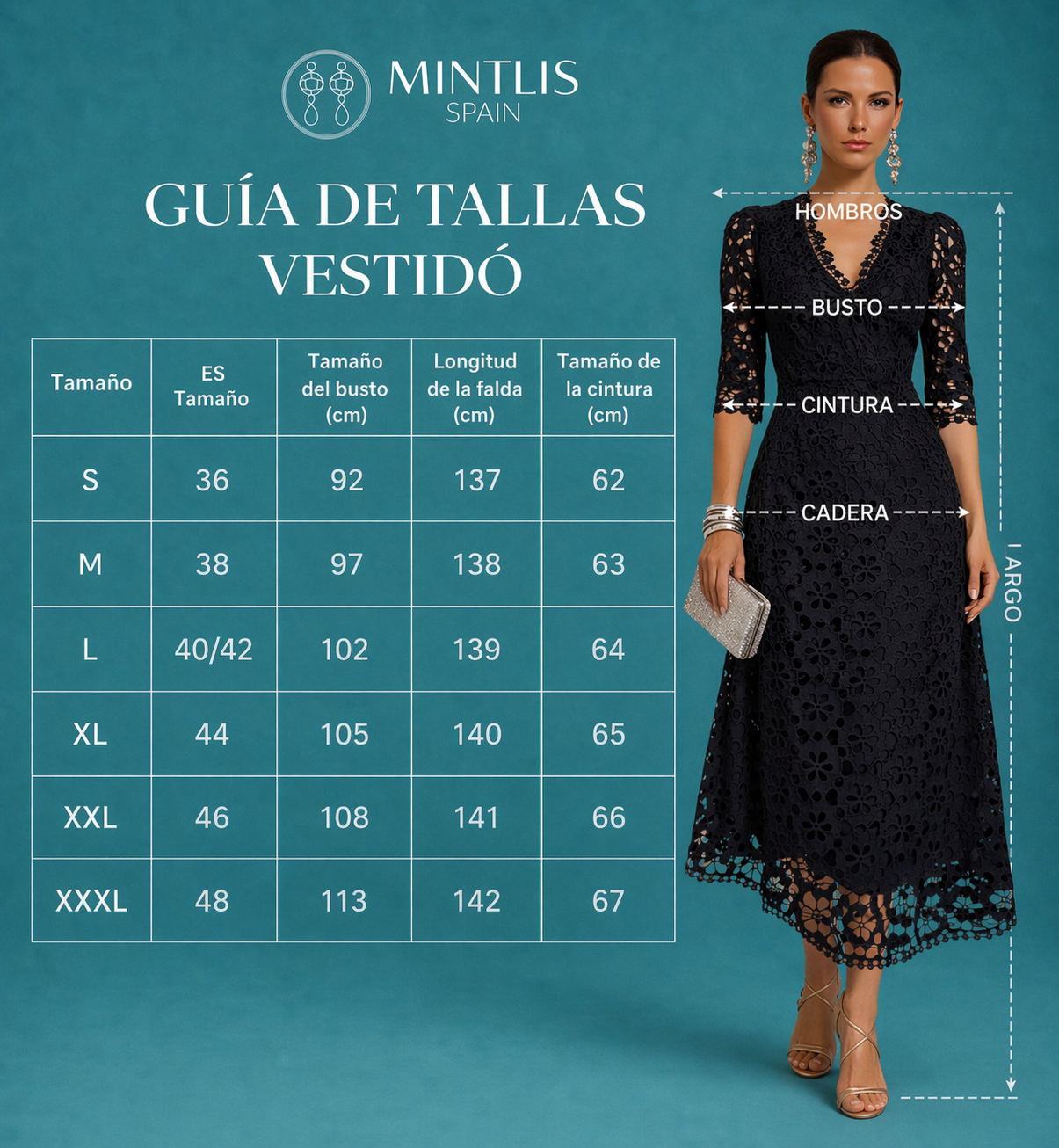 Vestido Amori negro bordado con forro, tallas (36-48)