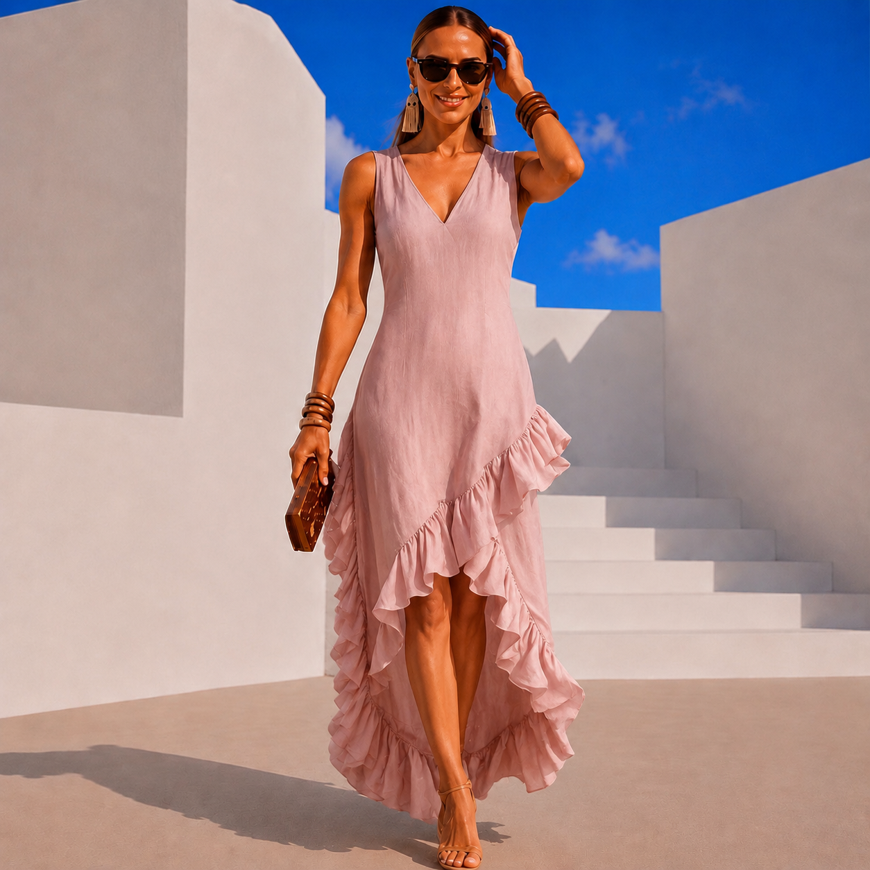 Costa V-neck linen-cotton dress, 5 colors, sizes (34-50) video
