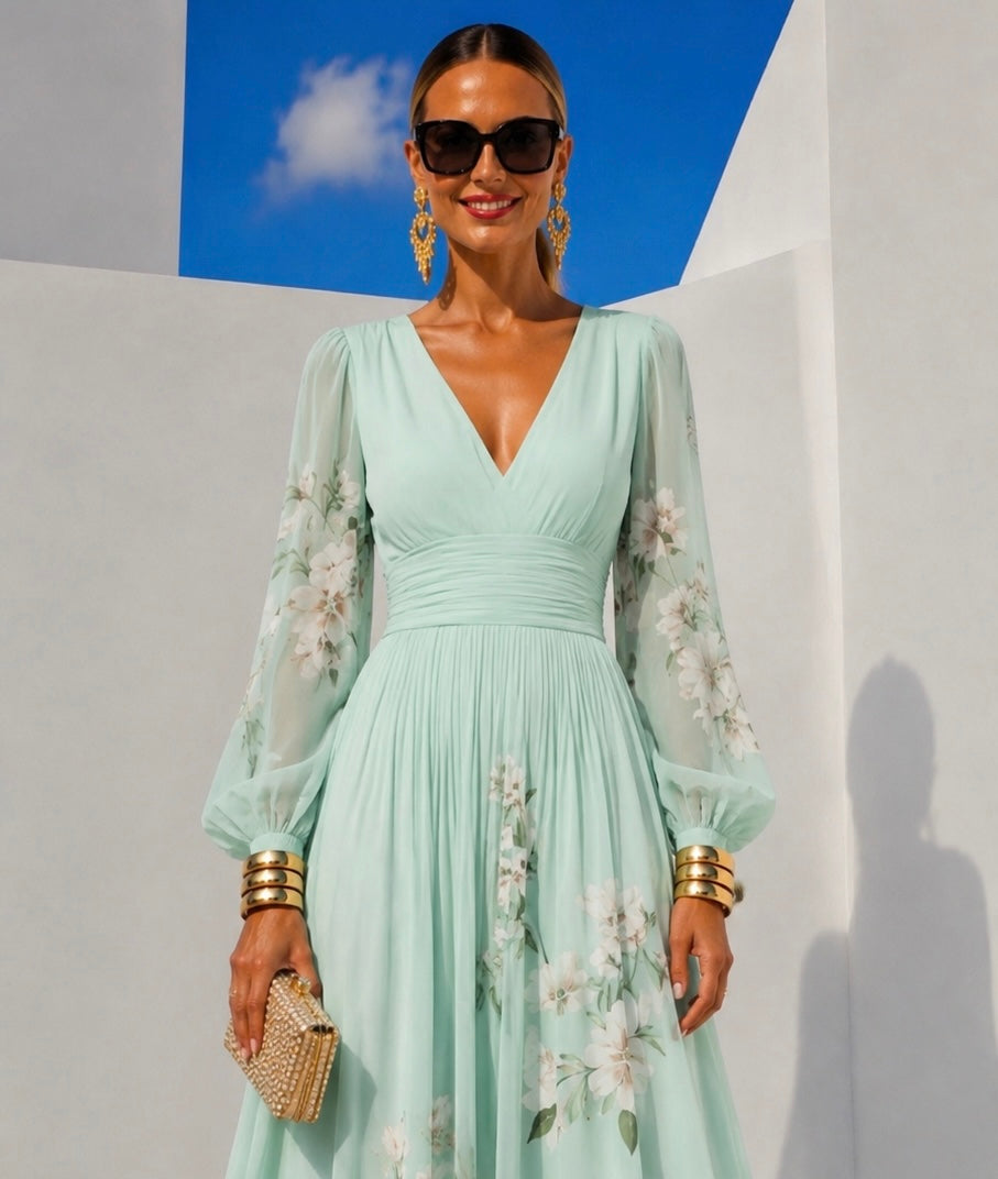 Suad printed dress with sleeves, front, back, fully pleated chiffon, sizes (34-48) video