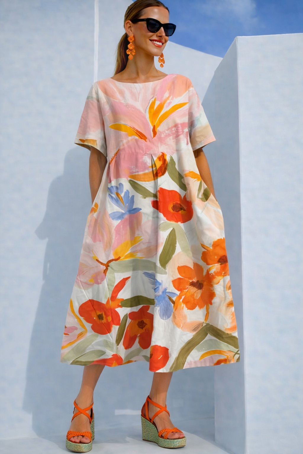 Vestido Alegría estampado con fajín incluido, algodón, 2 estampados, tallas (38-54) video