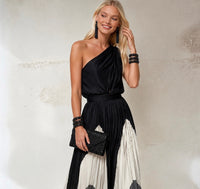 Vestido Sabrina asimetrico chiffon gasa plisado, 3 colores, tallas (34-46) vídeos