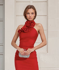 Red Roses dress with crepe and cotton flowers, sizes (36-44) free shipping