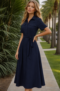 Dulcinea cotton dress with sash, 4 colors, sizes (36-50)