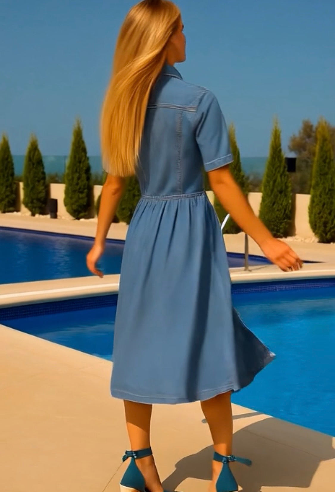 Vestido Denis Denim camisero vaquero licra bolsillos, tallas (36-50)(vídeo)