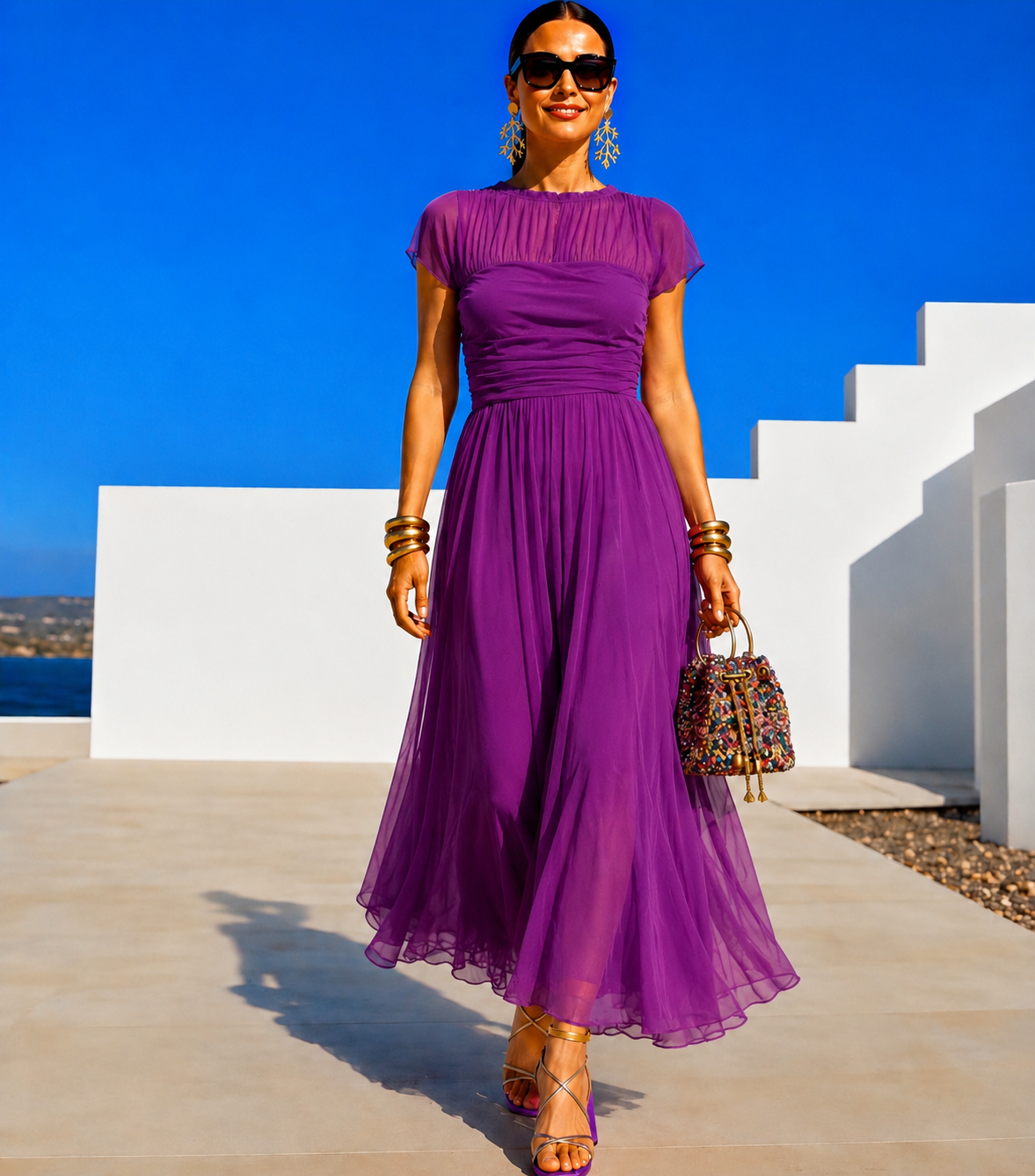 Quevedo dress in stretch Lycra, stretch bust and waist, chiffon, viscose, 2 colors, sizes (34-48) video