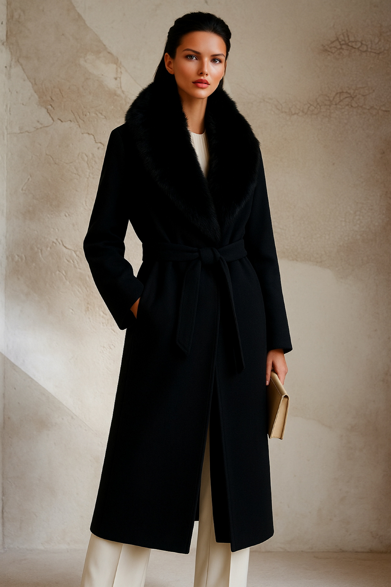Monte Carlo wool coat with detachable synthetic wool fur, 100% wool, 2 colors, sizes (36-48)