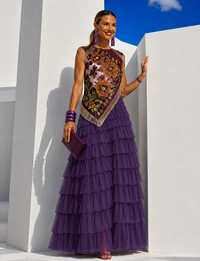 Conjunto Lisboa 2 piezas color vino top estampado y 4 colores de falda tul tupida cintura elástica, tallas (34-48) vídeo