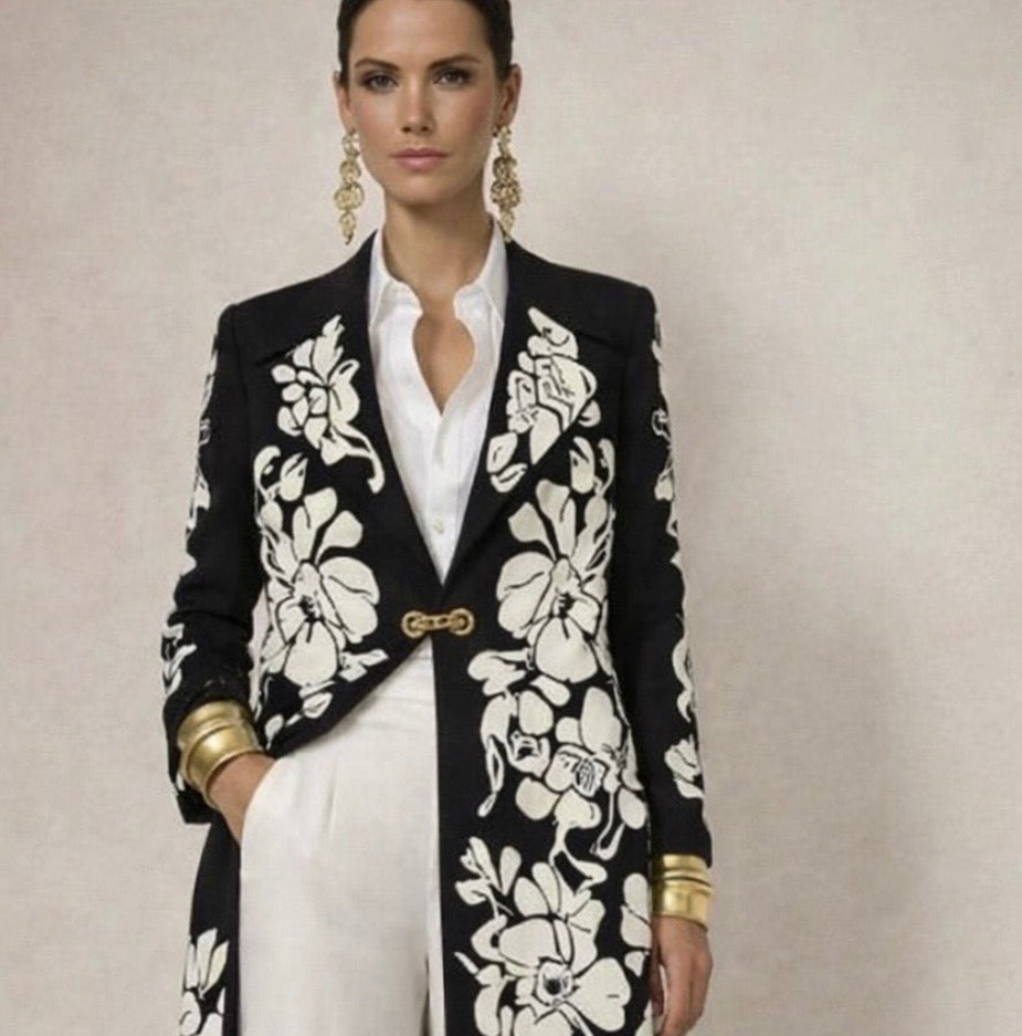 Crazy floral print coat with snap closure and pockets, sizes (36-48) (video)