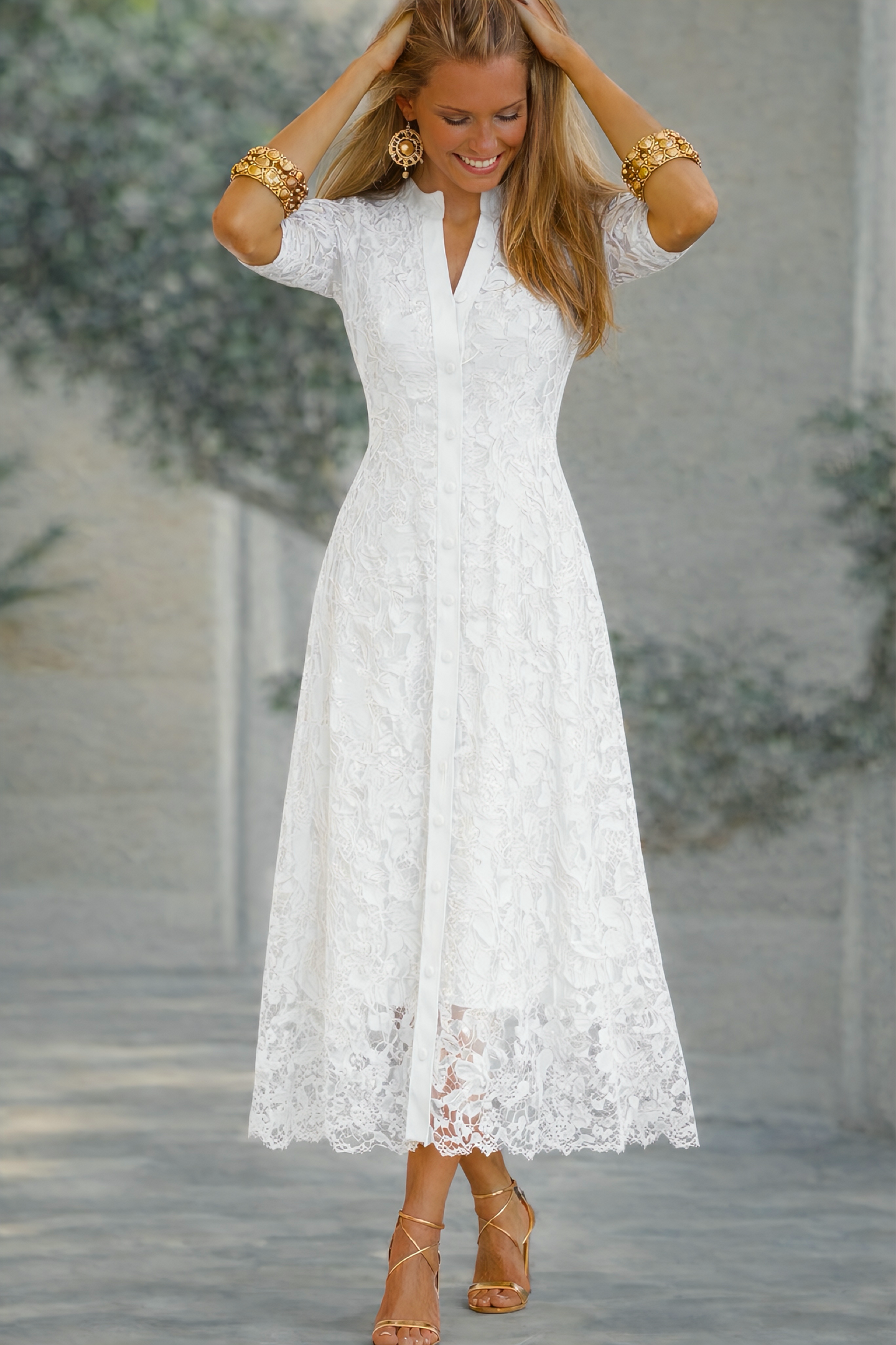 Vestido ⭐️ Bamboleo  camisero encaje licra elasticidad, 2 colores, tallas (36-50) (vídeo)