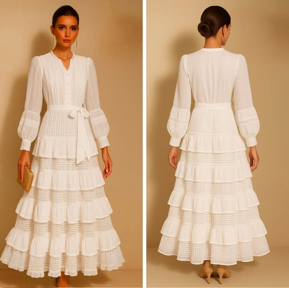 Vestido Karen de gasa de algodón con encaje y volantes, 4 colores, tallas (36-48)