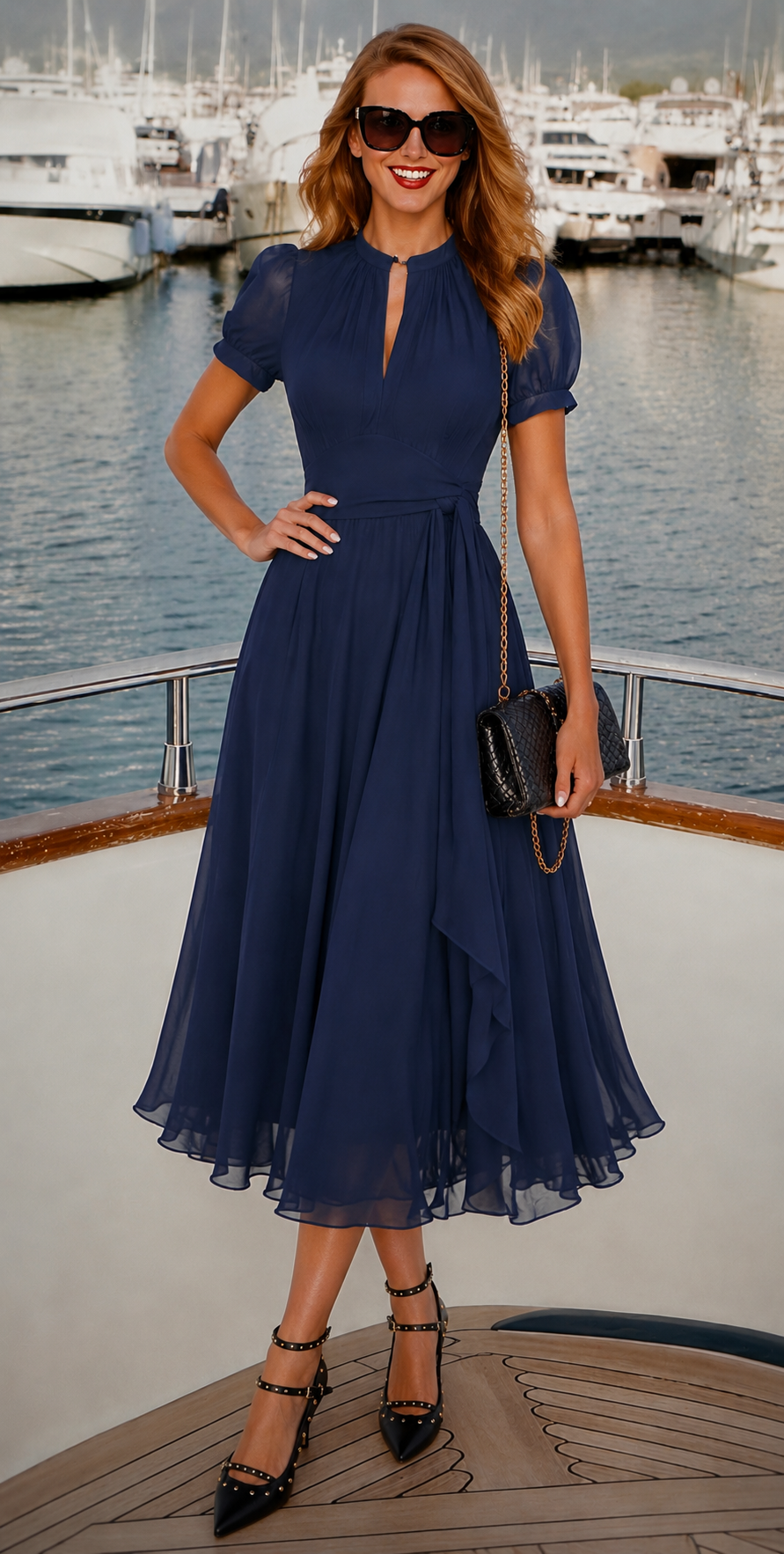 Vestido Julliet marino  chiffon gasa, fajín quita y pon, tallas (34-48) vídeo