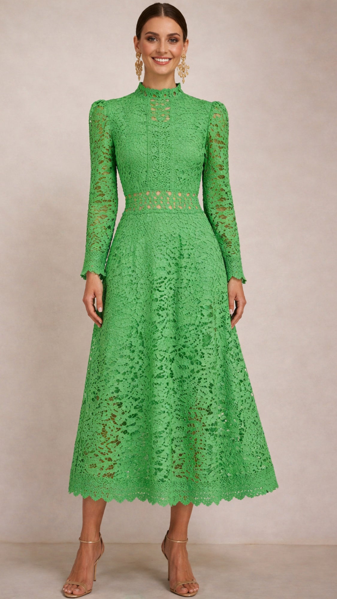 Bella dress in lace and embroidery with lining, 4 colors, sizes (36-48) (video)