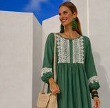 Vestido Janet bordado de lino de algodón licra con mangas elásticas, tallas (38-52) vídeo