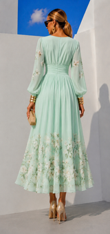 Suad printed dress with sleeves, front, back, fully pleated chiffon, sizes (34-48) video