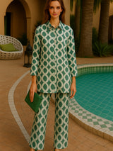 Conjunto Nataly blusa y pantalón con cintura  elástica, algodón satinado caída, tallas (36-48)