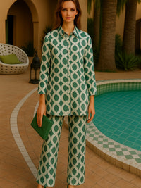Conjunto Nataly blusa y pantalón con cintura  elástica, algodón satinado caída, tallas (36-48)