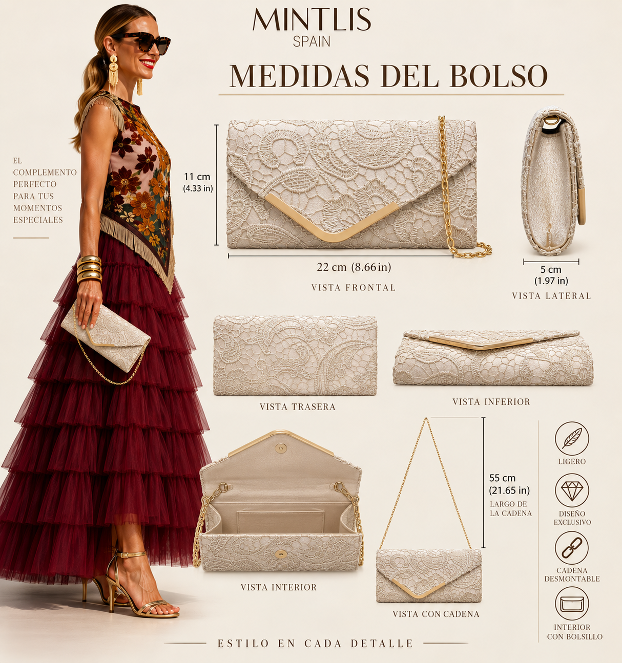Bolso Optimo, clutch con cadena 7 colores