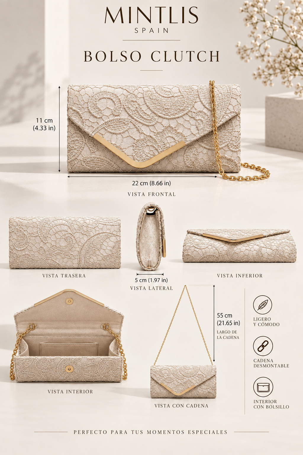 Bolso Optimo, clutch con cadena 7 colores