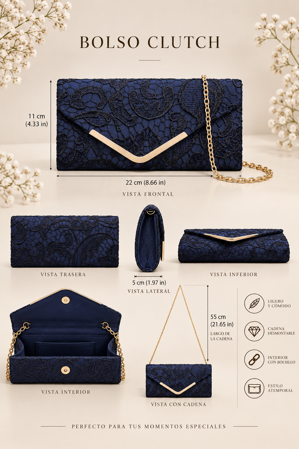 Bolso Optimo, clutch con cadena 7 colores