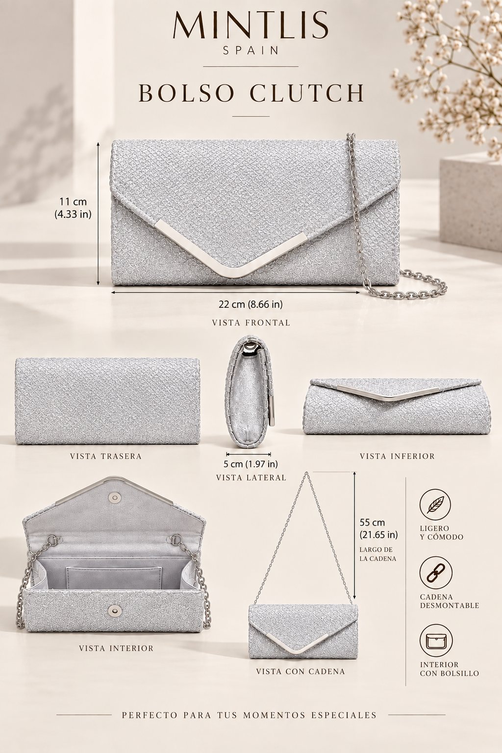 Bolso Optimo, clutch con cadena 7 colores