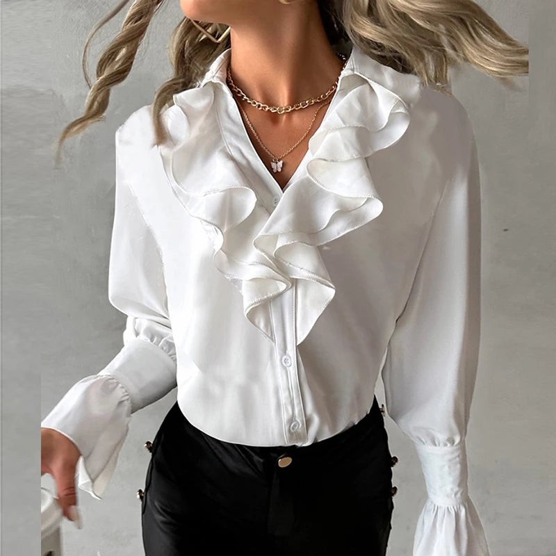 Elegant Ruffles Women's Blouse Fashion Petal Sleeve V Neck Long Sleeve White Shirt New Spring Autumn Office Ladies Shirts Tops