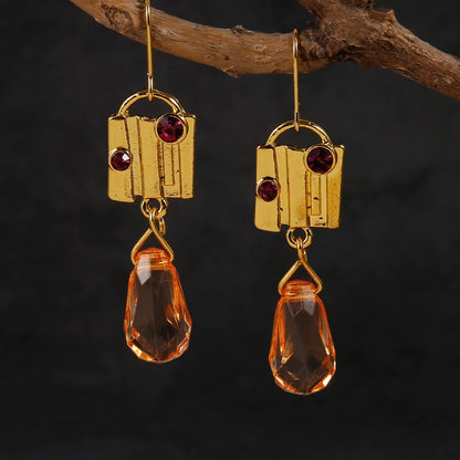 Golden Vintage Earrings with Yellow Crystal