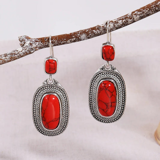 Pendientes de Gota Plateados con Piedra Roja