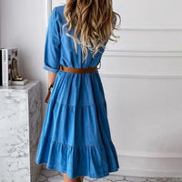 Vestido Fatima Denim azúl claro INCLUYE CINTURÓN, 5 Tallas