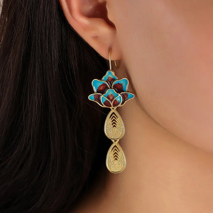 Long Blue and Gold Flower Earrings