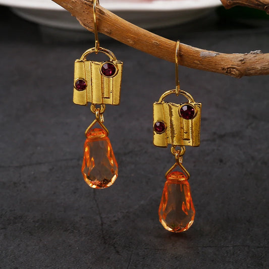 Golden Vintage Earrings with Yellow Crystal
