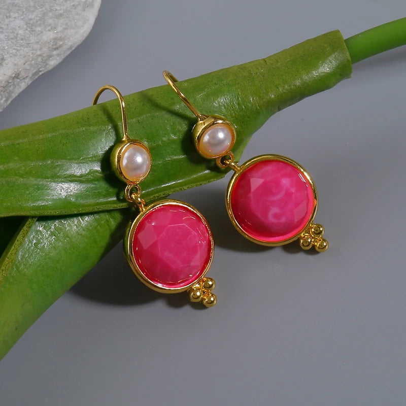 Isabela Earrings with Circular Pink Stone