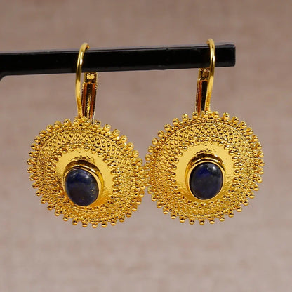 Golden Sun Shaped Earrings with Stone