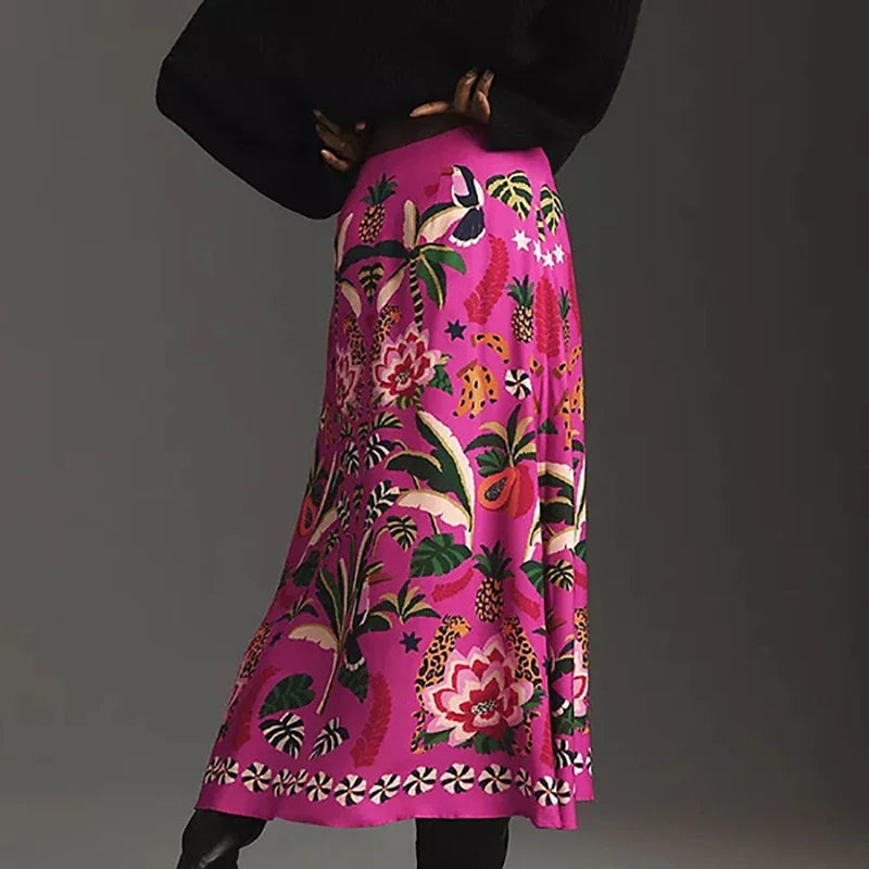 Falda Tropical MIDI, algodón con licra estampada, tallas (36-46)