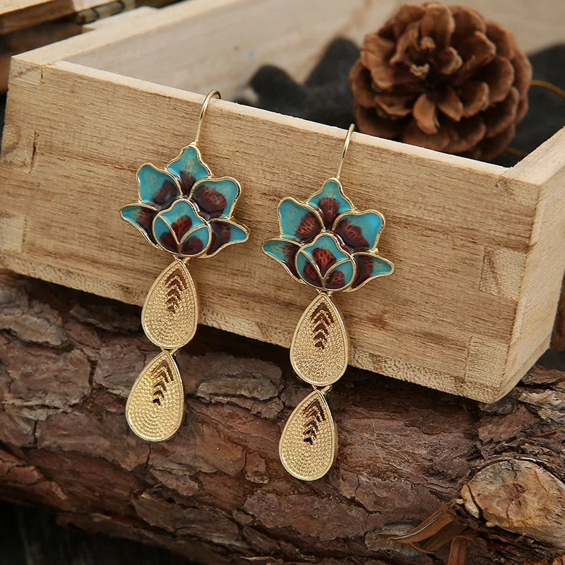 Long Blue and Gold Flower Earrings