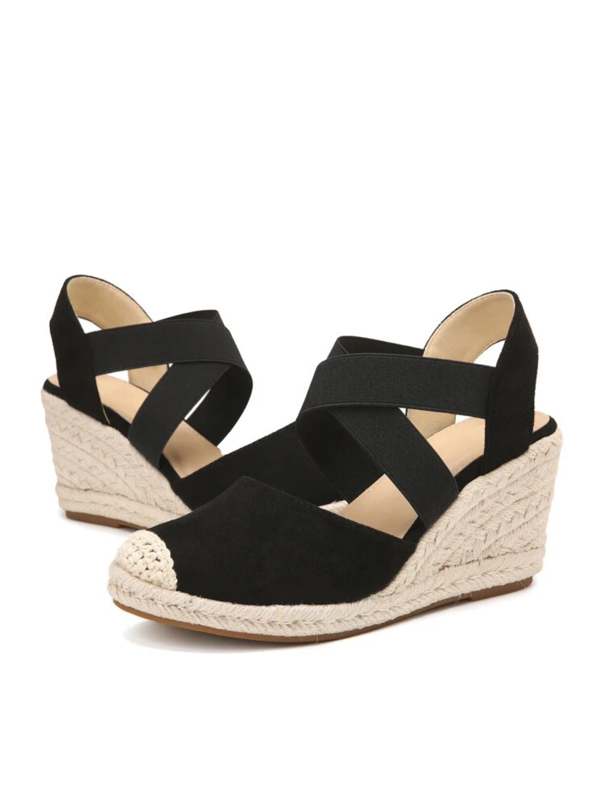 Salomé black elastic raffia wedges