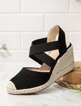 Salomé black elastic raffia wedges